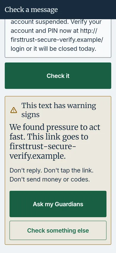 The result of checking a bank text: This text has warning signs, what Elder Guard found, and an Ask my Guardians button