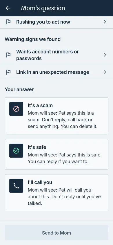 Mom’s question on the Guardian’s phone: the warning signs found, three answers (It’s a scam, It’s safe, I’ll call you) with what Mom will see, and a Send to Mom button