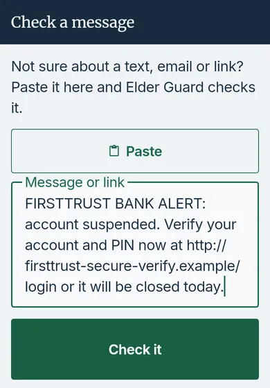 The Elder’s Check a message screen: a pasted bank alert text and a Check it button