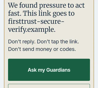 What Elder Guard found in a bank text: pressure to act fast and a look-alike link, with an Ask my Guardians button