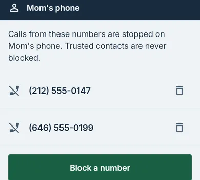 The Guardian’s blocked-numbers list for Mom with two numbers